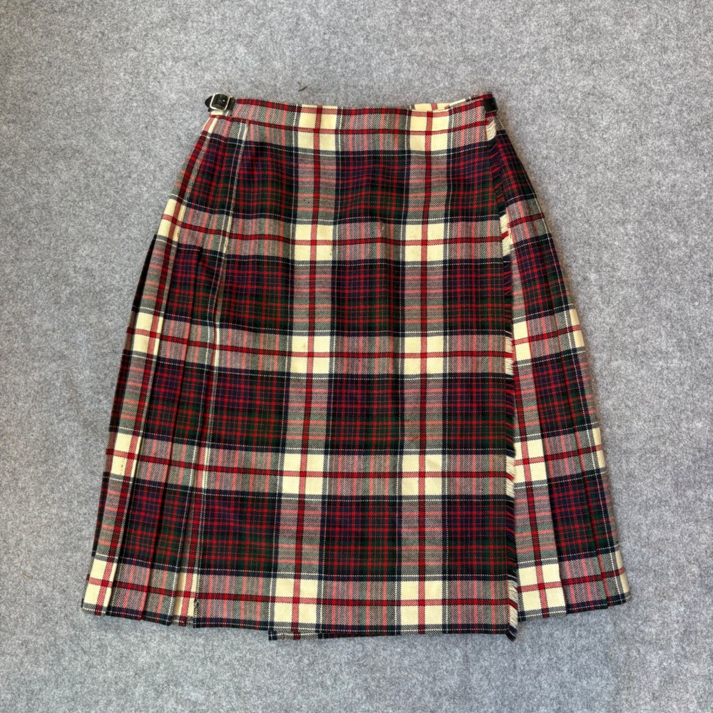 Jedburgh Kiltmakers Tartan Plaid Wrap Skirt Red Cream Pleated Midi Made Scotland